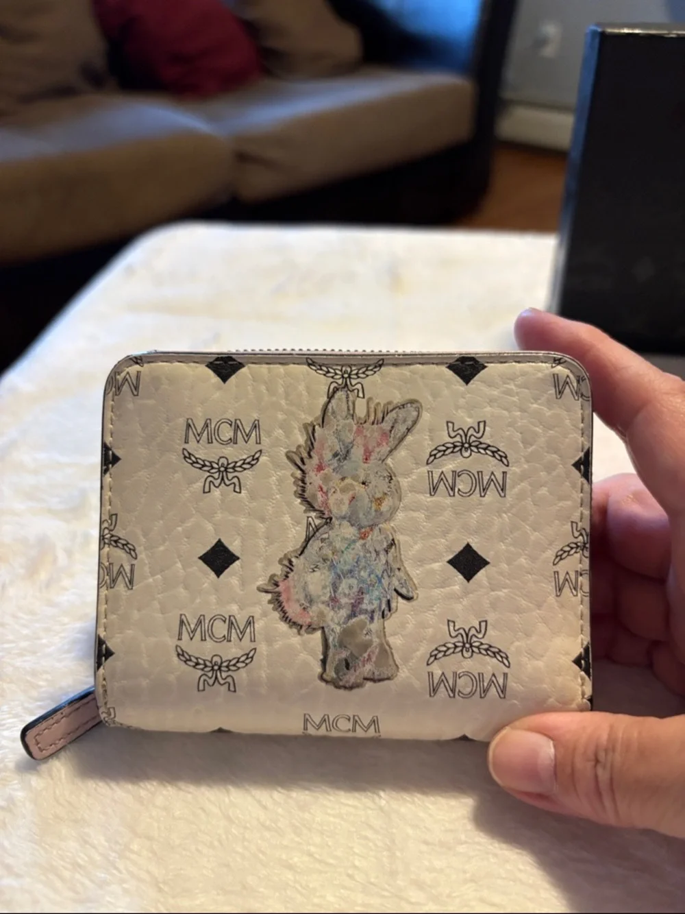 MCM White Logo Print Zip Wallet with Pastel Bunny Motif